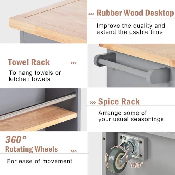Oasis Grey Blue Wood 46 in. Kitchen Island with Storage, 2-sided Kitchen Island Cart on Wheels with Rubber Wood Top