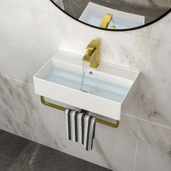 Lyero 21 in. Wall Mount Bathroom Sink White Ceramic with Gold Towel Bar, Overflow and Gold Faucet