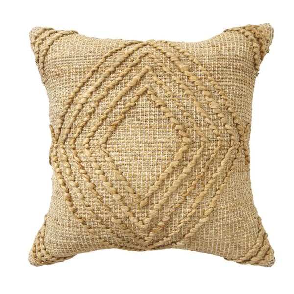 Boutique Tan Geometric Textured Hand Woven 22 in. x 22 in. Throw Pillow