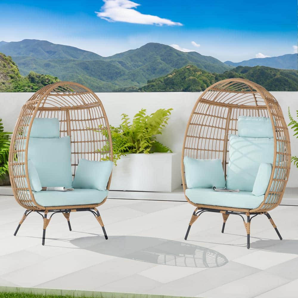 2 Pieces Oversized Outdoor Brown Rattan Egg Chair Patio Chaise Lounge Indoor Basket Chair with Tiffany Blue Cushion price history on PriceWatchPro