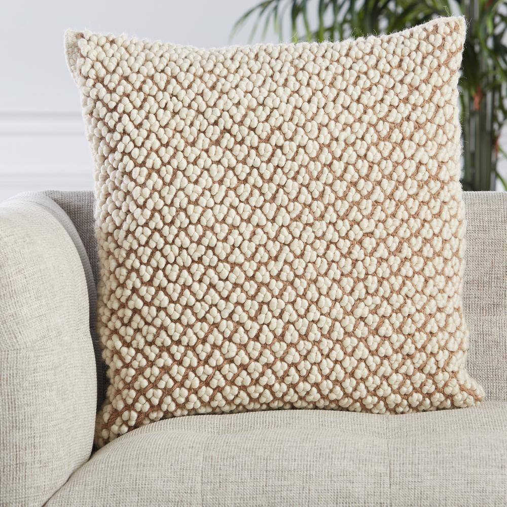 Tan and Ivory Wool Embroidered Square Throw Pillow
