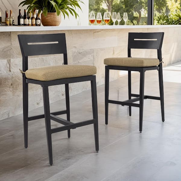 Modern Outdoor 2PC Bar Stools, Aluminum Patio Bar Chair Ember Black