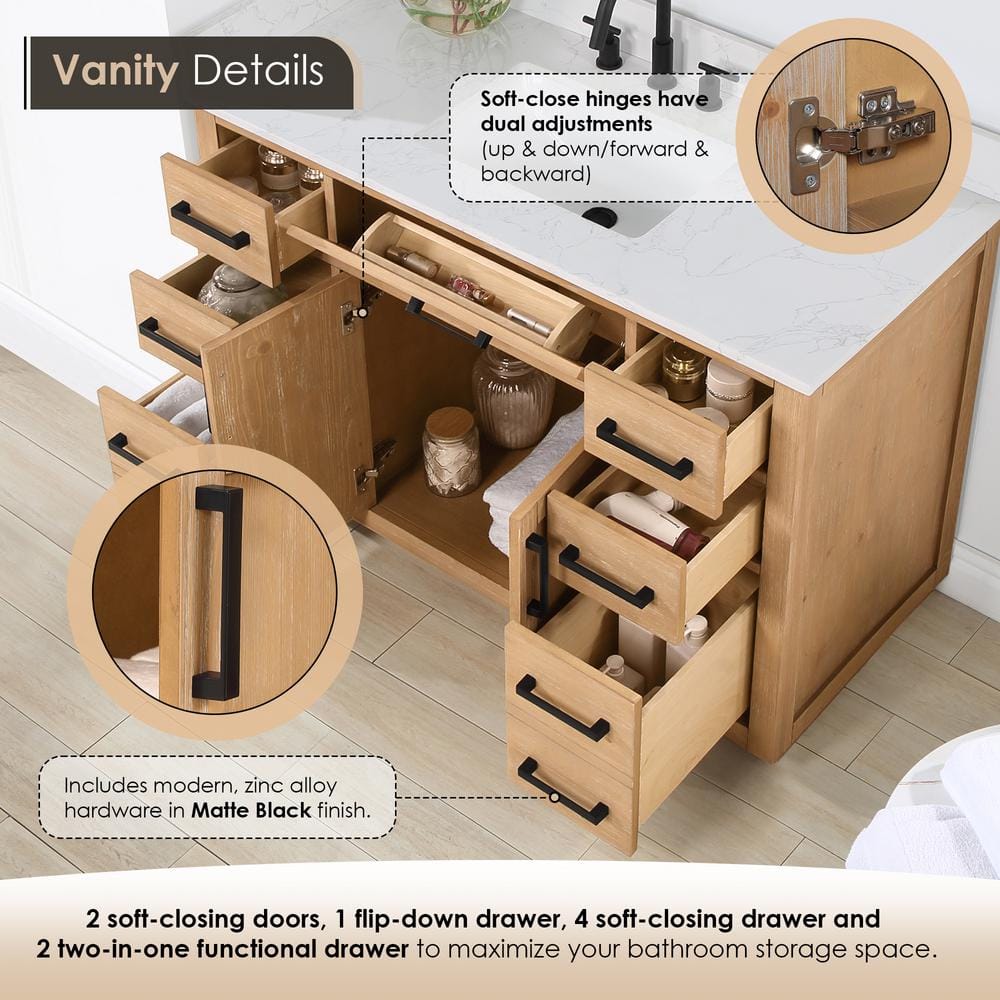 Gavino 48" Light Brown Wood Vanity with Composite Stone Top