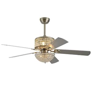52 in. Indoor Morden Silver Crystal Lampshade Ceiling Fan Light with 5 Wood Double-color Blades