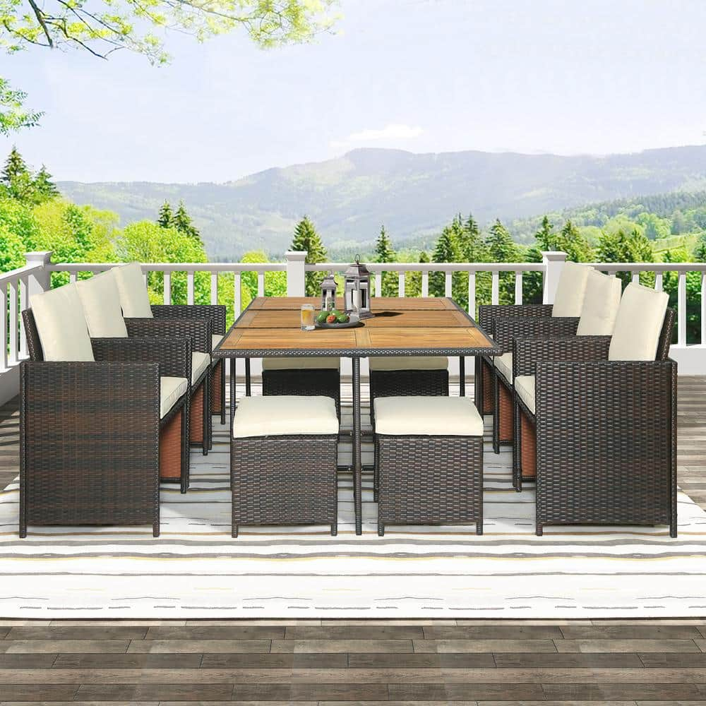 11-Piece Wicker Outdoor Dining Set with Wood Tabletop All-Weather PE Wicker Dining Table Gray Rattan + Beige Cushions