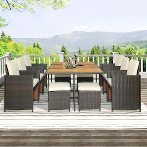 11-Piece Wicker Outdoor Dining Set with Wood Tabletop All-Weather PE Wicker Dining Table Gray Rattan + Beige Cushions