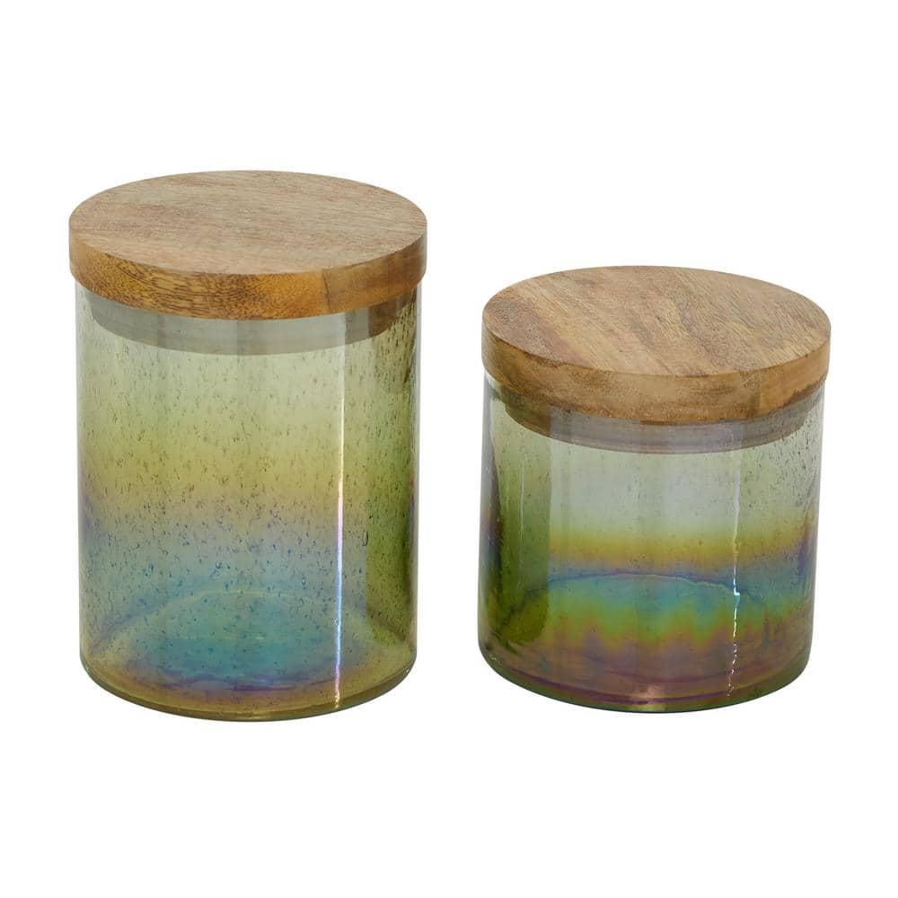 Multi Colored Ombre Wood and Glass Decorative Jars with Lids, Set of 2