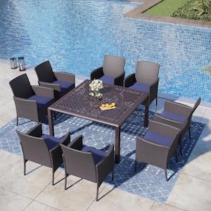 Black 9-Piece Cast Aluminum Patio Outdoor Dining Set with Square Table and Rattan Chairs with Blue Cushion