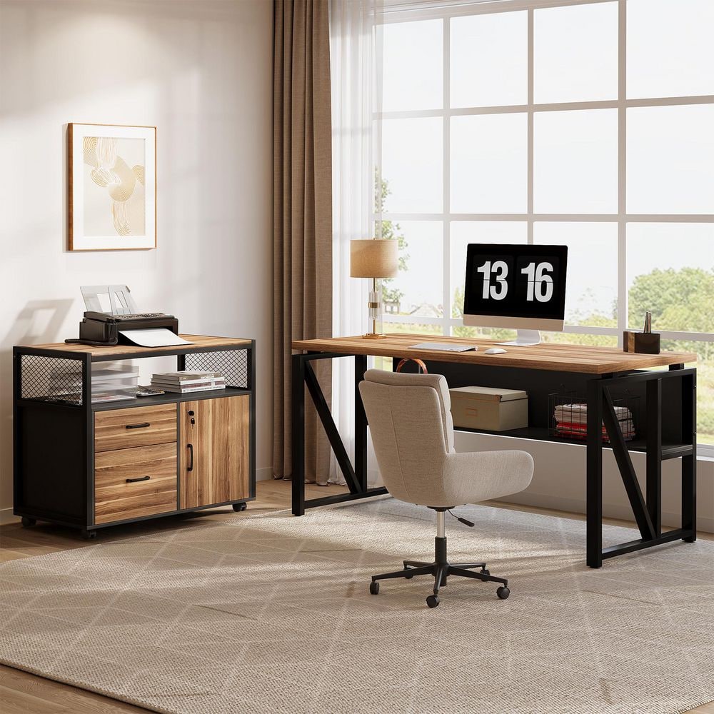 63 in. L-Shaped Brown and Black Executive Desk with Mobile File Cabinet and Drawers, Reversible Office Desk with Shelves