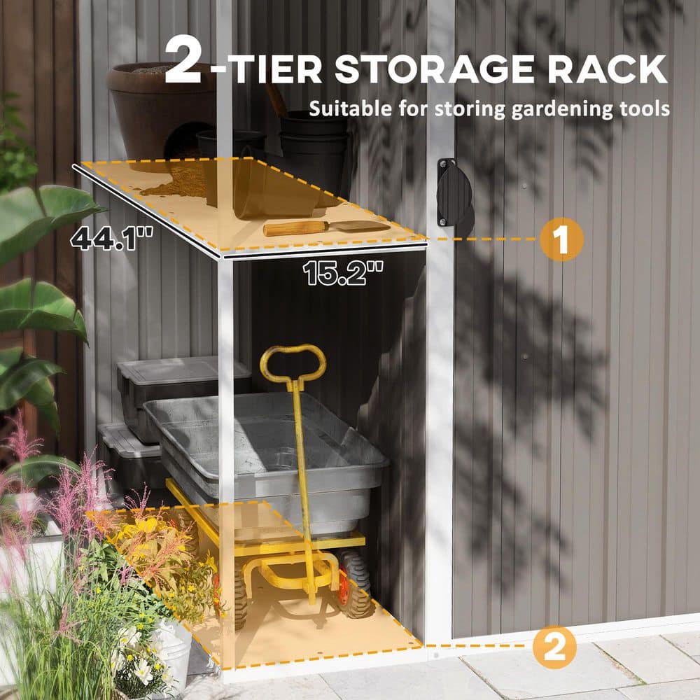 Gray Metal Garden Storage Shed with 2-Tier Rack and Lockable Door