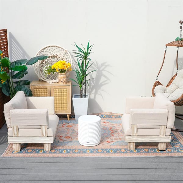 Inquiry 3-Piece Aluminum Patio Conversation Set with Beige Cushions, Arm, 12.65 in. W Round Magnesium Oxide Side Table