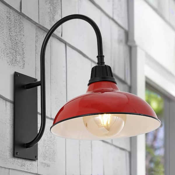 JONATHAN Y Stanley 12.25 in. Red 1-Light Farmhouse Industrial Indoor/Outdoor Iron LED Gooseneck Arm Outdoor Sconce