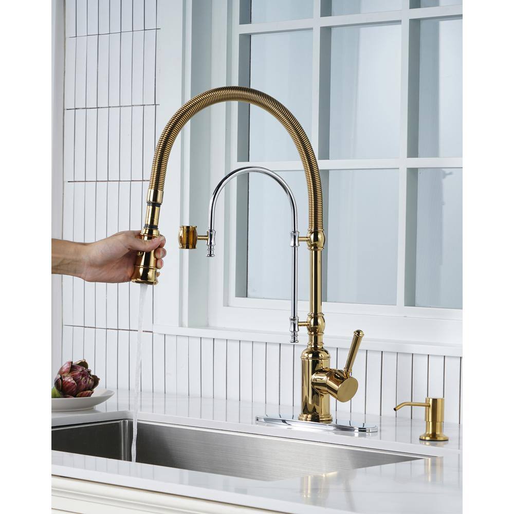Gold and Chrome High-Arc Kitchen Faucet with Pull-out Spray