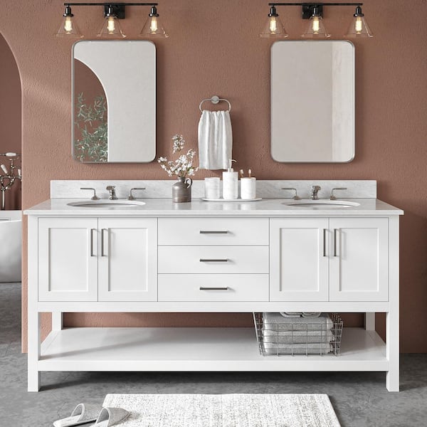 ARIEL Magnolia 73 in. W x 22 in. D x 36 in. H Bath Vanity in White with White Carrara Marble Vanity Top with White Basins