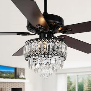 Cerello 52 in. Indoor Black Glam Crystal Shade Chandelier, 5 Reversible Blades Included Ceiling Fan