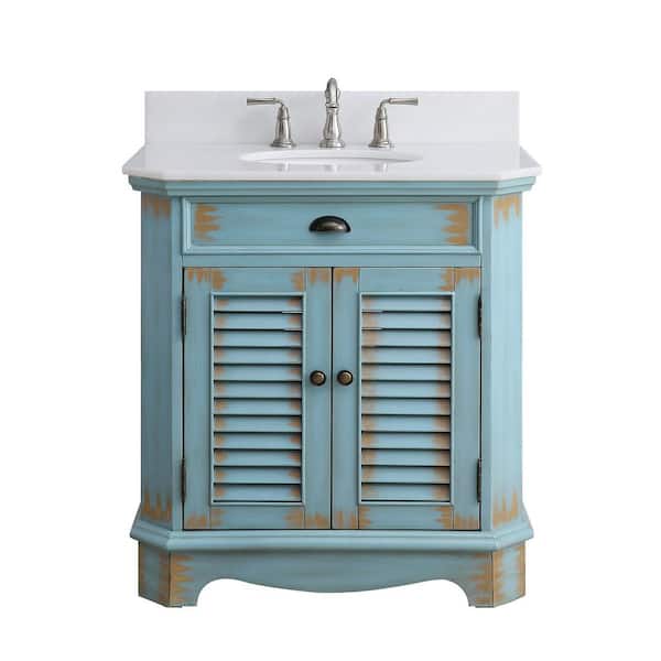 Benton Collection Fairfield 32 in. W x 21 in. D x 35 in. H Bathroom Sink Vanity in Rustic Blue with White Marble Top