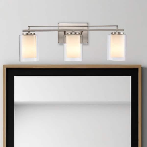 Bel Air Lighting Lisbon 24 in. 3-Light Brushed Nickel Bathroom Vanity Light Fixture with Clear Glass Outer and Opal Glass Inner Shades