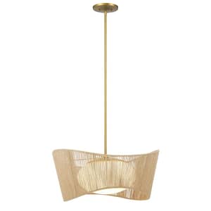 Key Largo 100-Watt 1-Light Soft Brass Shaded Pendant Light with Etched Opal Glass and Natural Rope Shade