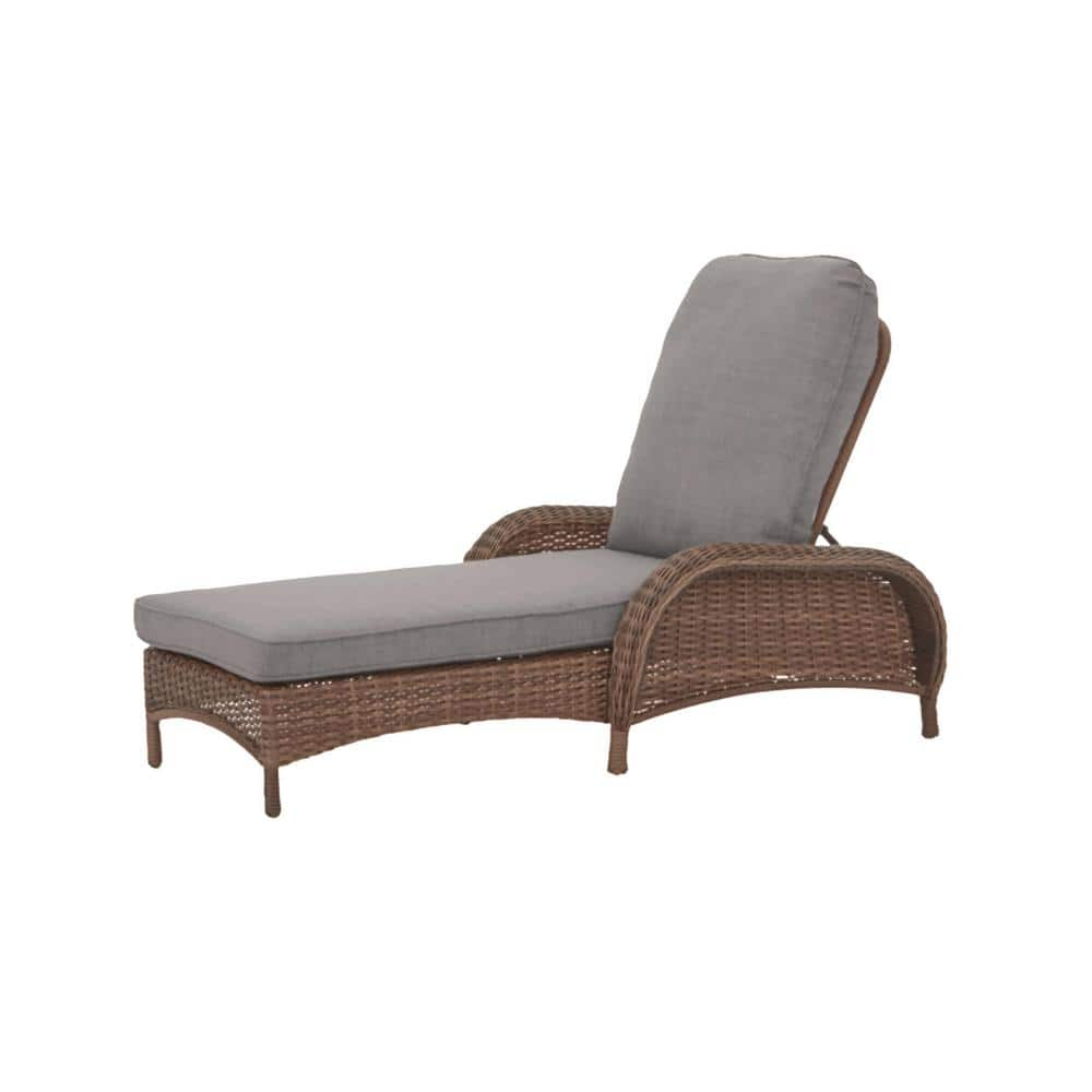 Beacon Park Brown Wicker Outdoor Patio Chaise Lounge with CushionGuard Stone Gray Cushions -  Hampton Bay, H010-01424900