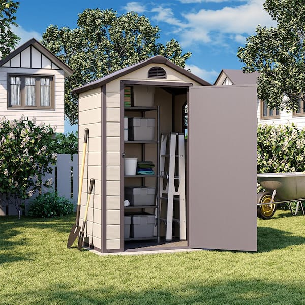 Oakville Furniture 4 ft. W x 3.4 ft. D Plastic Outdoor Patio Storage Shed with Floor and Lockable Door Coverage Area 15 sq. ft.