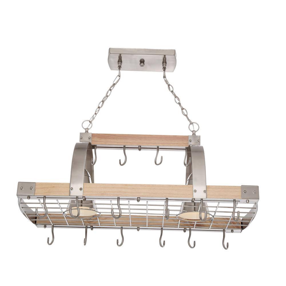 Natural Wood and Brushed Nickel 2-Light Ceiling Pot Rack