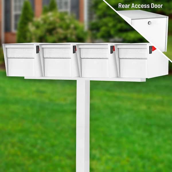 Mail Manager Street Safe X4 Rear Locking Mailbox Combo Kit, In-Ground Post, Alpine White, 4 Compartment Security Cluster