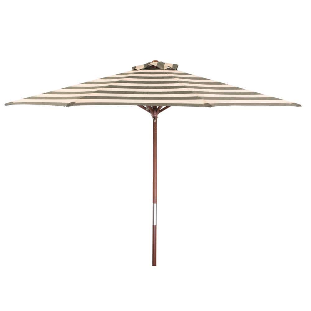 brown striped patio umbrella DestinationGear 9 ft. Wood Market Patio Umbrella in Soft Black and Ivory  Stripe Solution Dyed Polyester 1280