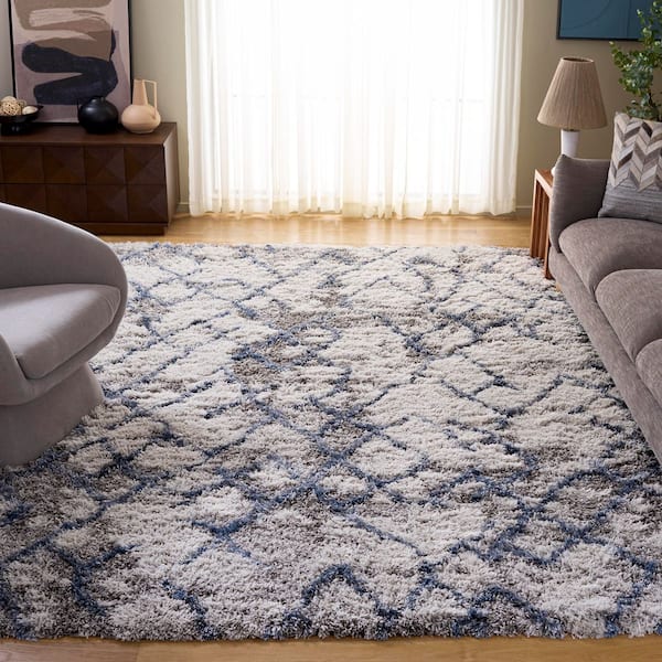 Horizon Shag 10 ft. x 14 ft. Ivory/Blue Abstract Diamond Area Rug