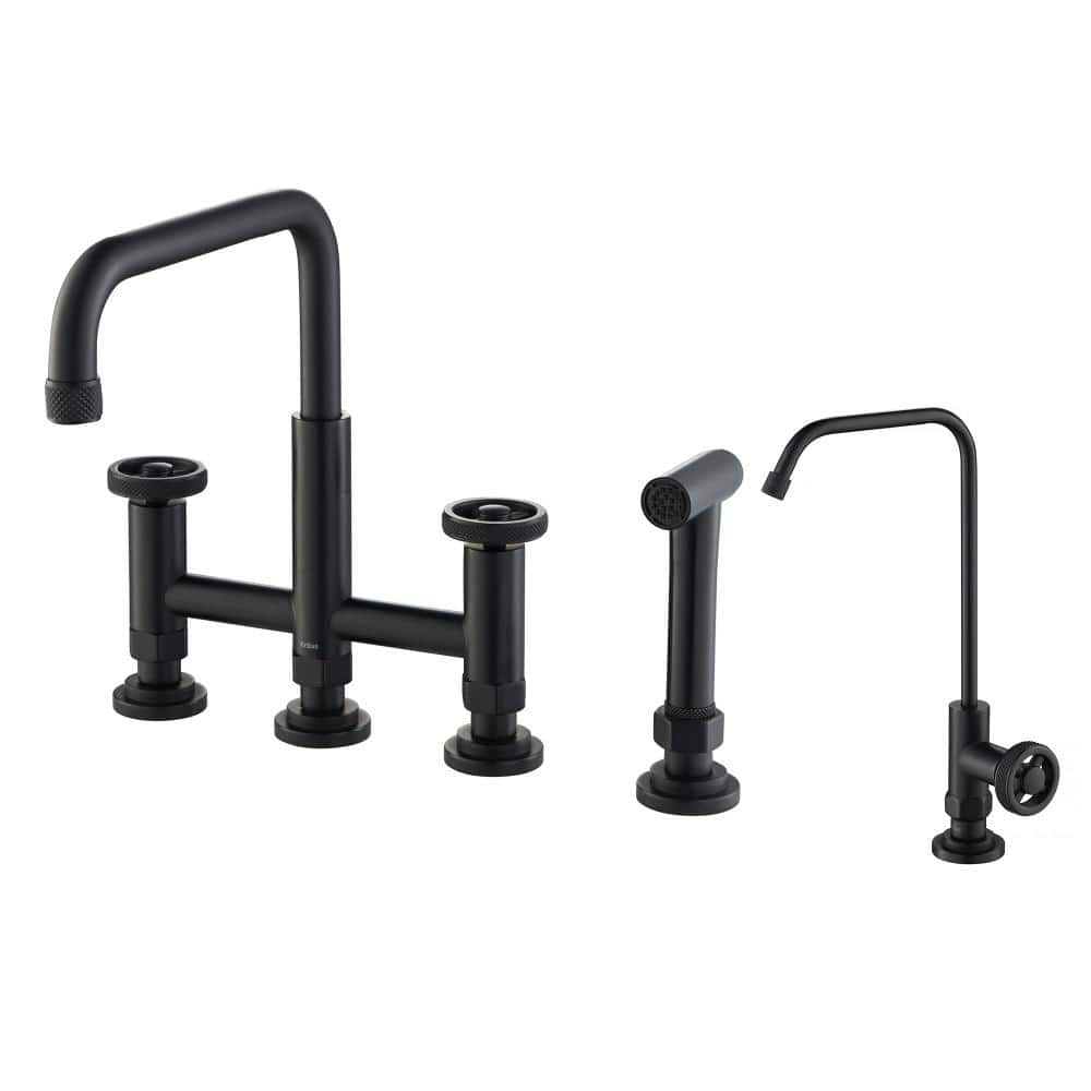 KRAUS Urbix Industrial Double Handle Bridge Kitchen Faucet and Beverage Faucet in Matte Black