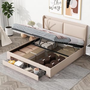 Beige Metal Frame Queen Size Linen Upholstered Platform Bed with Hydraulic Storage System and 2-Drawer