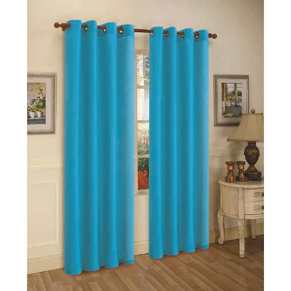 J&V TEXTILES Turquoise Faux Silk 100% Polyester Solid 55 in. W x 84 in. L Grommet Sheer Curtain Window Panel (Set of 2)