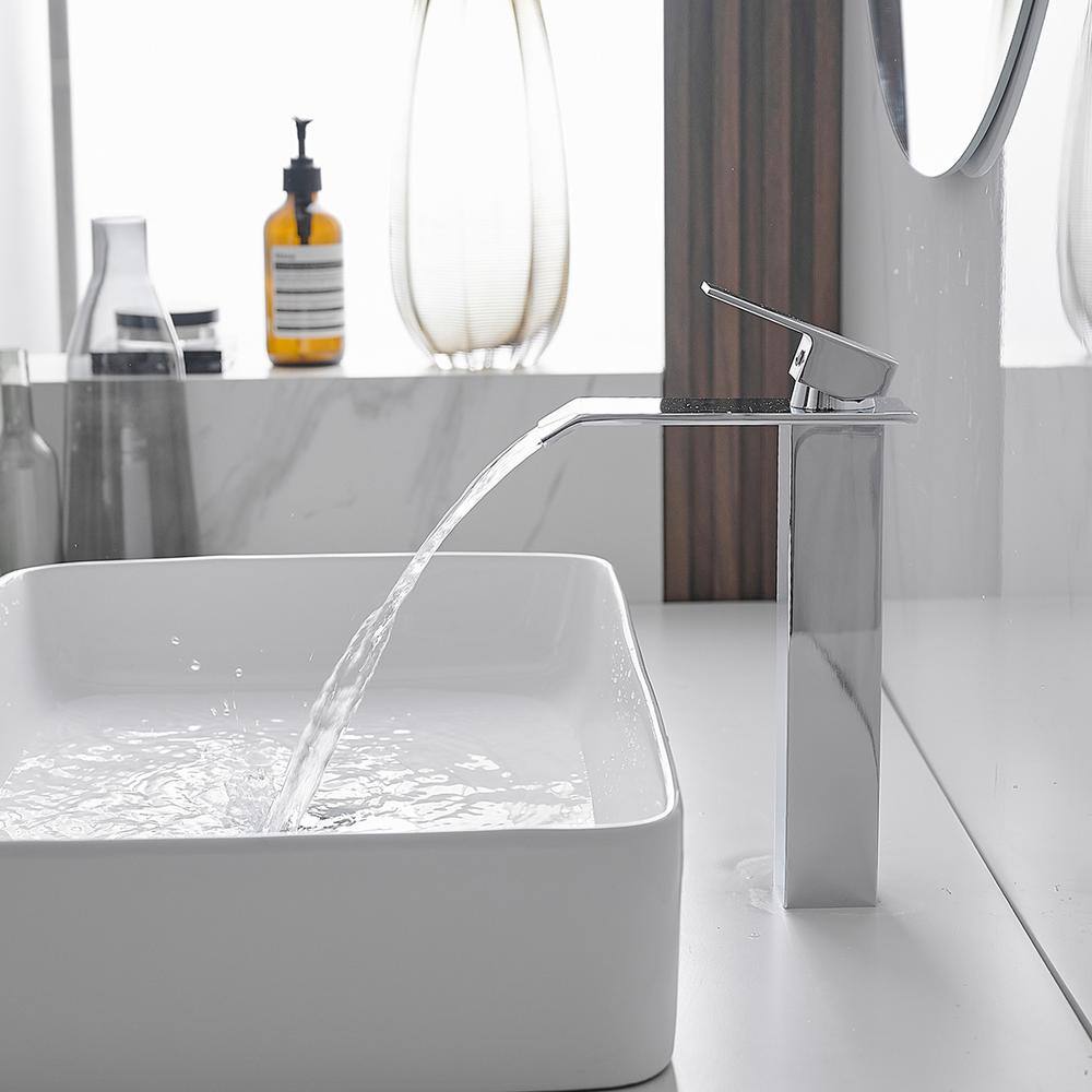 Polished Chrome Waterfall Vessel Sink Faucet with Pop-Up Drain