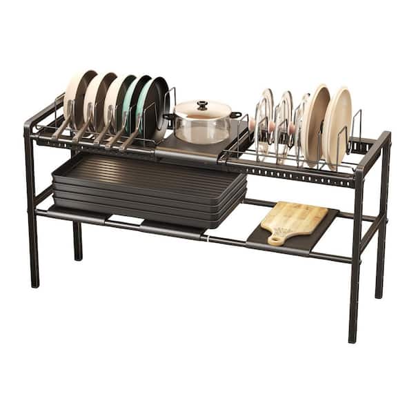 Black Expandable 2 Tier Pots and Pans Rack Adjustable Height Under Cabinet Organizer with 12 Dividers Shelf