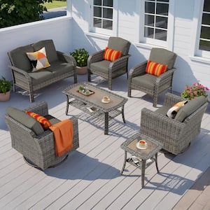 Missisi Gray 7-Piece Wicker Patio Conversation Set with Black Cushions and Swivel Chairs