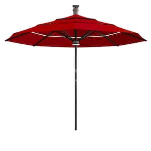 11 ft. Aluminium Smart Market Patio Umbrella in Cherry Red with Remote Control, Wind Sensor, Solar Panel, LED Lighting