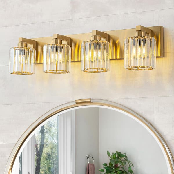 EDISLIVE Orillia 28 in. 4-Light Gold Vanity Light with Cylinder Crystal Shade Modern Wall Mount Sconce for Bathroom Powder Room