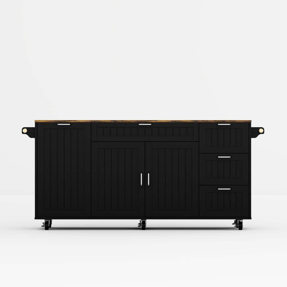FUFU&GAGA Oak and Black Wood 63 in. W Kitchen Island with 4