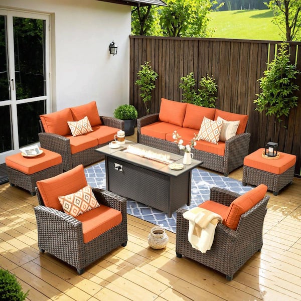 Palermo Brown 7-Piece Wicker Outdoor Modular Patio Furniture Sofa Set with Metal Fire Pit and Orange Red Cushions