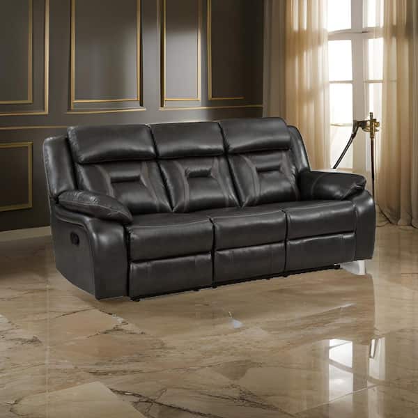 Benjara 86 in. Pillow Top Arm Faux Leather Rectangle Manual Dual Recliner Sofa in Gray and Black
