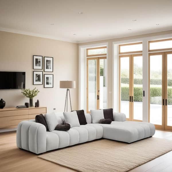 Nela Round Arm Linen L-Shaped Cushioned Back Sofa in Ivory White