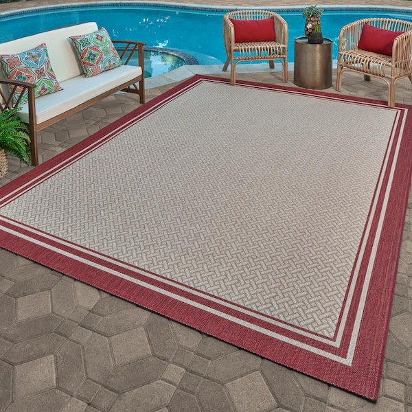 Paseo Soroa Grain/Red 5 ft. x 7 ft. Border Indoor/Outdoor Area Rug