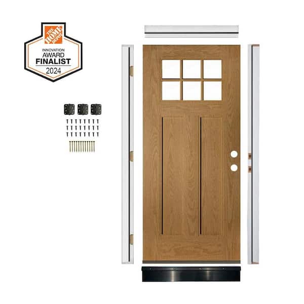 DIY RTA KIT 36in.x80in. Craftsman 6-Lite Clear Glass Left-Hand Bourbon Stain Fiberglass Ready To Assemble Front Door