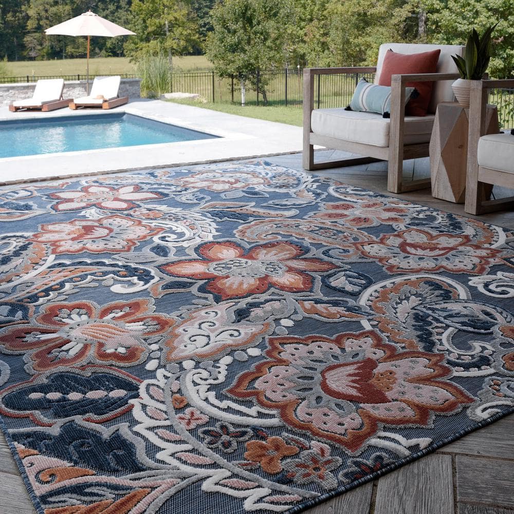 Tropic Floral Dark Blue Synthetic 5' x 7' Easy Care Area Rug