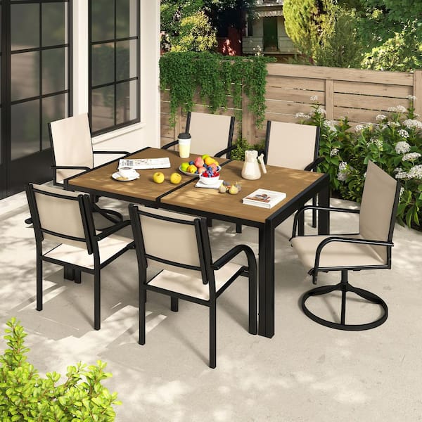 BTMWAY 7-Piece Metal Outdoor Dining Set, Patio Table and Chairs Set with Textilene Armchair and Swivel Chair, Seats 6