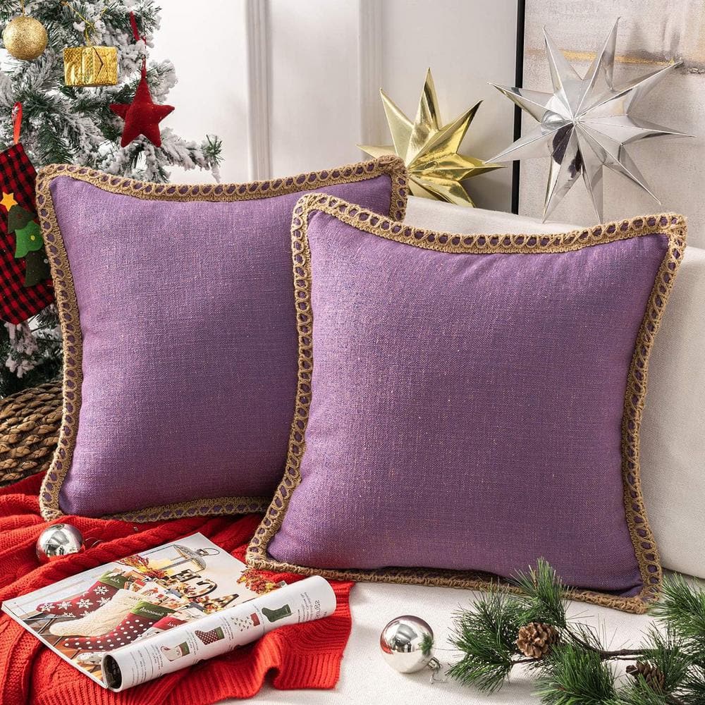 Purple Pack of 2 Christmas Decorative Throw Pillow Cover Burlap Linen Trimm