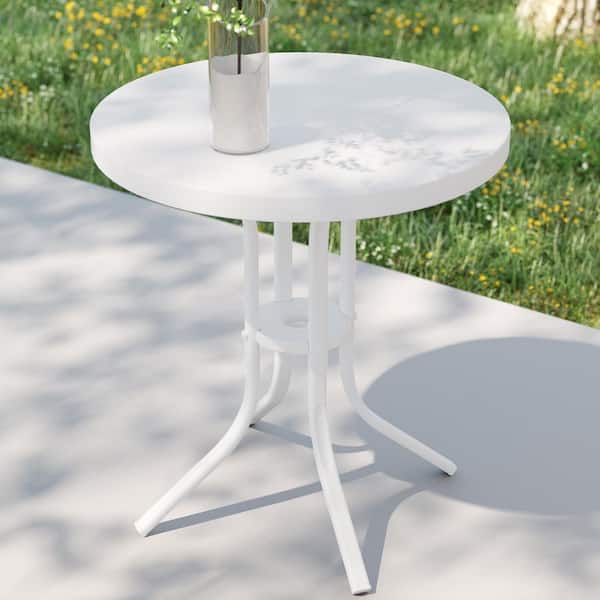 Sonkuki Patio White Round Metal Frame Outdoor Side Table Modern Industrial Style