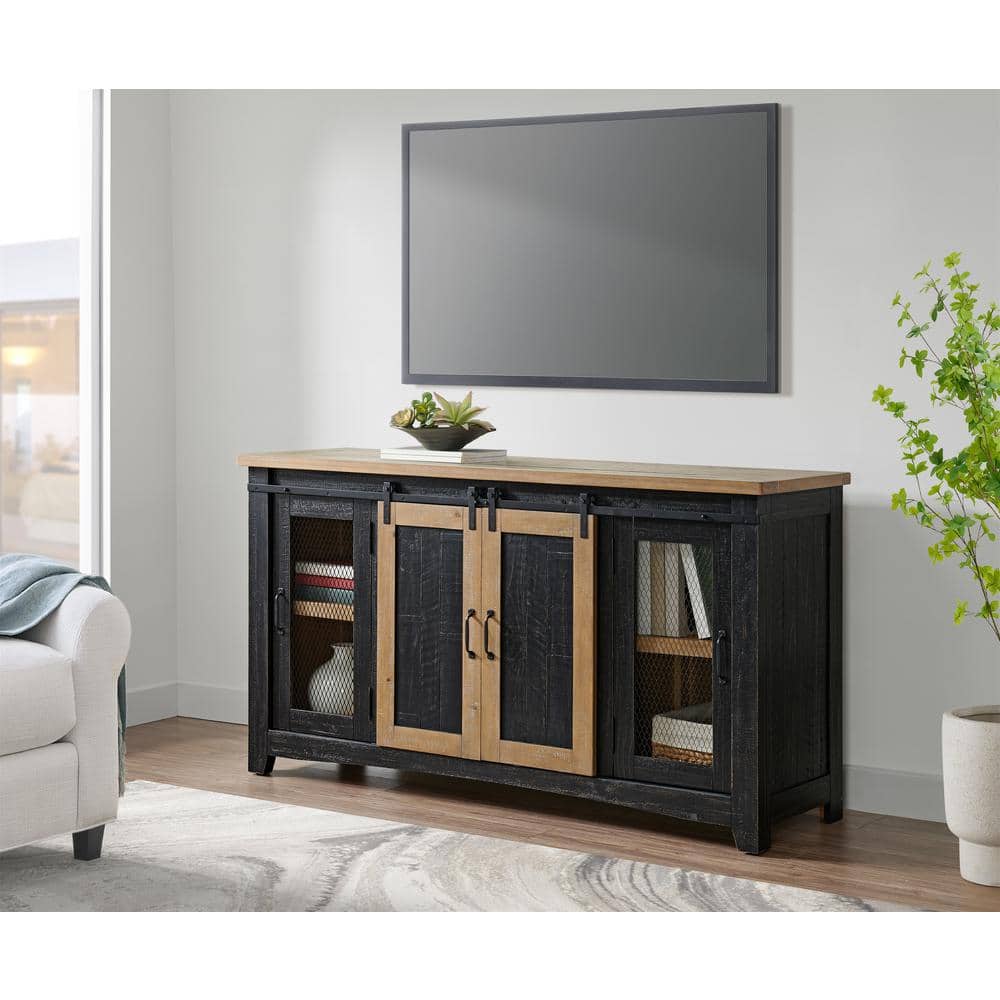 Rustic Black and Driftwood Pine Wood TV Stand with Cabinet