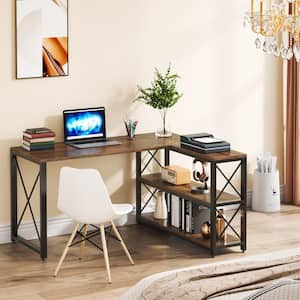 Halseey 53.15 in. W L-Shaped Brown Computer Desk Writing Studying Reading Desk 2-Tier Storage Shelves