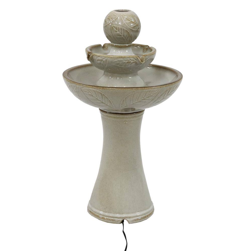 Off-White Ceramic 2-Tier Outdoor Fountain with LED Lights