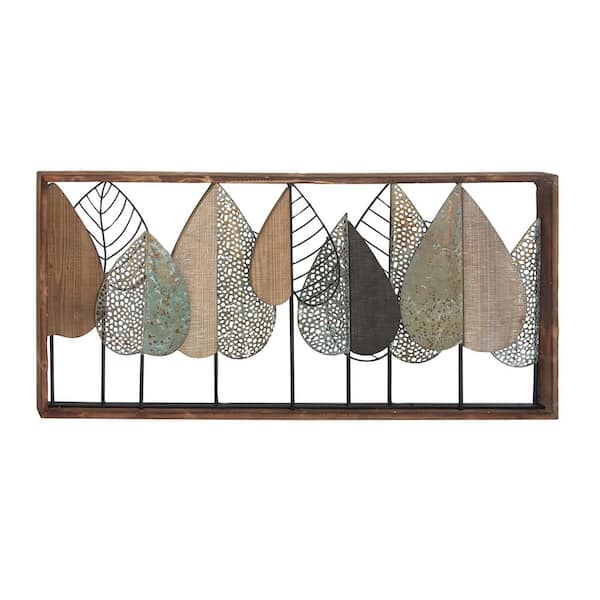 47 in. x  22 in. Wood Brown Varying Texture Leaf Wall Decor with Green and Black Metal Accents
